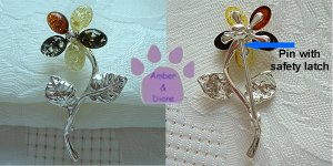 Baltic Amber Sterling Silver Pin Honey Lemon Green Flower Brooch