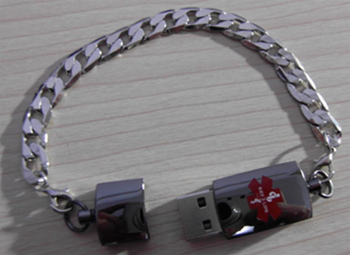 2 Gb Medical Alert USB Men's Stylish Silver Bracelet/Necklace EMR