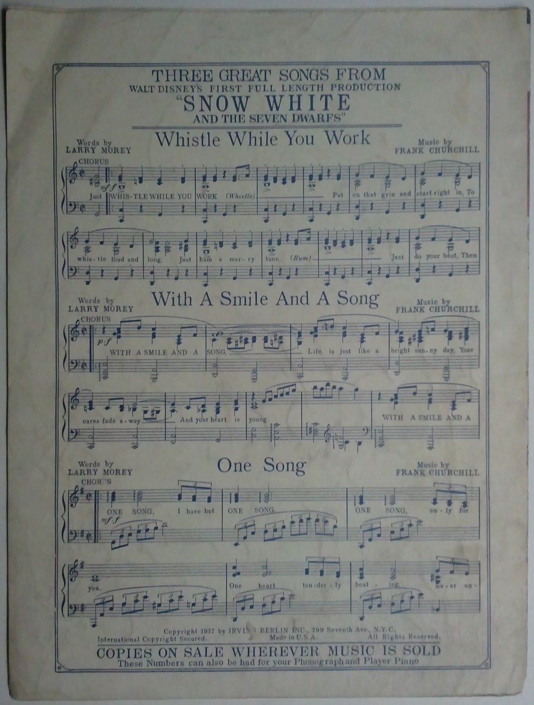 1938 "Heigh-Ho" Snow White song music book