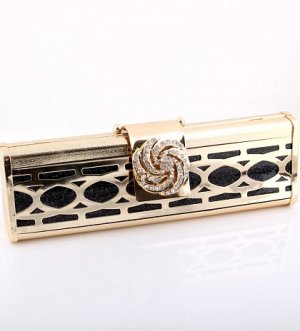 Chic Evening Clutch Bag Black-Gold Tone Swarovski Crystal