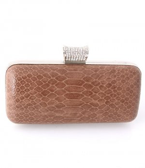 Brown Python Look Leather Evening Clutch Bag w/ Austrian Crystal