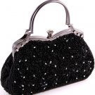 Black Glass Bead & Sequins Evening Bag - Silver Tone Antique Style Frame Black Glass Bead & Sequins Evening Bag - Silver Tone Antique Style Frame