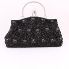 Black Glass Bead & Sequins Evening Bag - Silver Tone Frame Black Glass Bead & Sequins Evening Bag - Silver Tone Frame