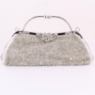 Silver Crytal Bead & Sequins Evening Bag - Silver Tone Frame
