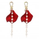 Stunning & Beautiful Red Petal With Long Pearls Tassel Dangle Earrings