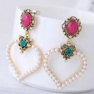 Beautiful Victorian Era Pearl Heart With Pink Lucite Blue/Clear Crystal Earrings