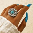 Retro Ethnic Style Turquoise Daisy Flower Handmade Ring - Size 7.75