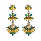 Massive Aztec Mayan Ethnic Long Flower Crystal Earrings Design-Yellow & Green
