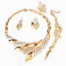 Rhinestone Leaves 18k Gold Plated Necklace, Bracelet, Earring Ring Set