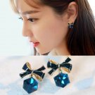 Get 2 Set! Beautiful Fashion Small Blue Cube Crystal With Blue Bow Earrings