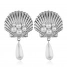 Beautiful Fashion Modern Big Shell With Pearls Earrings-Silver Tone