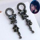 Luxury Beautiful Sweet Baroque Black Rhinestone Dangle Long 925 Post Earrings