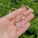 Retro Pink Quartz Stone Hexagonal Pillar Pendant Gold Tone Earrings