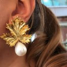 Beautiful Fashion Modern Gold Pearl Maple Leaf Earrings