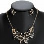 Exotic Flower Necklace & Earrings Set Black with Clear Crystals