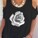 L size-Modern Black with White Rose Crew Neck Floral Short Sleeve Top