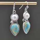 European Bohemian Turquoise Stone with Pearl Design Dangle Hook Earrings