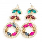 Beautiful Flower With Leaves Fashion Multi Color Crystal Dangle Earrings