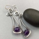 Long Abstract Natural Purple Amethyst Dangle Silver Hook Earrings Long Abstract Natural Purple Amethyst Dangle Silver Hook Earrings
