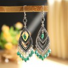 Retro Silver Long Green Water Drop Crystal Tassel Chandelier Hook Earrings