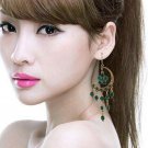 Retro Long Green Moon Crystal With Tassel & Flower Chandelier Hook Earrings