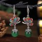 Retro Silver Multi Butterfly Sitting On Top Green Chalcedony Ball Hook Earrings