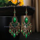 Beautiful Retro Ethnic 4" Green Lucite & Crystal Tassel Chandelier Hook Earrings