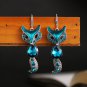 Unique Retro Silver Dark Sea Blue Color Crystal Cat Dangle Hook Earrings
