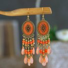 Retro Ethnic 4" Long Coral Shield & Tassel Lucite Chandelier Hook Earrings