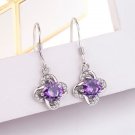 Gorgeous Platinum Plated Created  Amethyst Four Leaf Clover Dangle Earrings