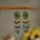 Retro Ethnic 4" Long Green Shield & Tassel Lucite Chandelier Hook Earrings
