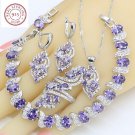 4 pc 925 Silver Purple Amethyst Necklace/Pendant Jewelry Set - 8 or 9 ring size