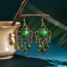 Beautiful Retro Green Square Lucite & Crystal Tassel Chandelier Hook Earrings