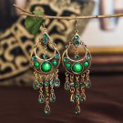 Retro Ethnic Moon 4" Green Lucite & Crystal Tassel Chandelier Hook Earrings