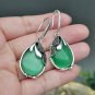 Natural Stone Huge Retro Emerald Green Cat Eye Silver Hook Earrings