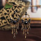 Retro Ethnic Moon 4" Black Lucite & Crystal Tassel Chandelier Hook Earrings