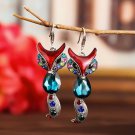 Unique Retro Silver Multicolor Crystal Cat Dangle Hook Earrings