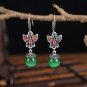 Retro Silver Multi Butterfly Flying Over Green Chalcedony Ball Hook Earrings