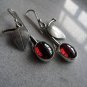 Delicious Garnet Red Cherry & Leaves Silver Hook Earrings