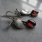 Delicious Garnet Red Cherry & Leaves Silver Hook Earrings