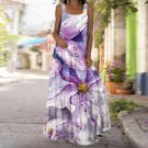 Maxi Summer A-Shape Sleeveless Purple Flower Printed Backless Dress Size L