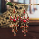 Retro Ethnic Moon 4" Red Lucite & Crystal Tassel Chandelier Hook Earrings