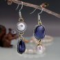 Beautiful Handmade Asymmetrical Blue Agate & Pearl Silver Tone Hook Earrings