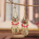 Beautiful Retro Coral Lucite & Crystal Feather Tassel Chandelier Hook Earring