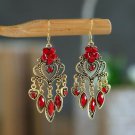 Retro Red Flower On Heart Lucite & Crystal Tassel Chandelier Hook Earrings