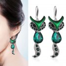 Unique Retro Silver Green Crystal Cat Dangle Hook Earrings