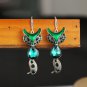 Unique Retro Silver Green Crystal Cat Dangle Hook Earrings