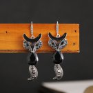 Unique Retro Silver Black Color Crystal Cat Dangle Hook Earrings Unique Retro Silver Black Color Crystal Cat Dangle Hook Earrings