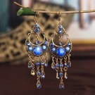 Retro Ethnic Moon 4" Blue Lucite & Crystal Tassel Chandelier Hook Earrings
