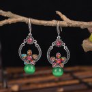 Retro Silver Round Basket Flower With Green Chalcedony Ball Hook Earrings